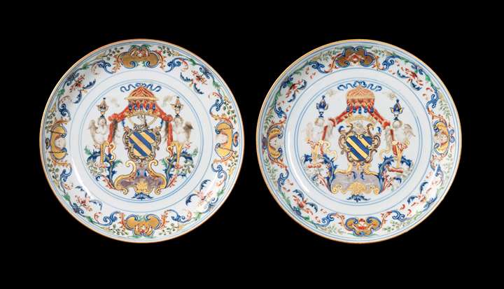 Pair of Chinese export porcelain armorial saucer dishes, Portuguese arms of Ataide